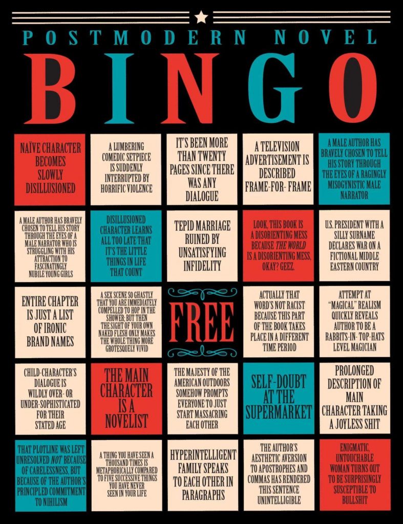 Funny Bingo Sheet about postmodern literature